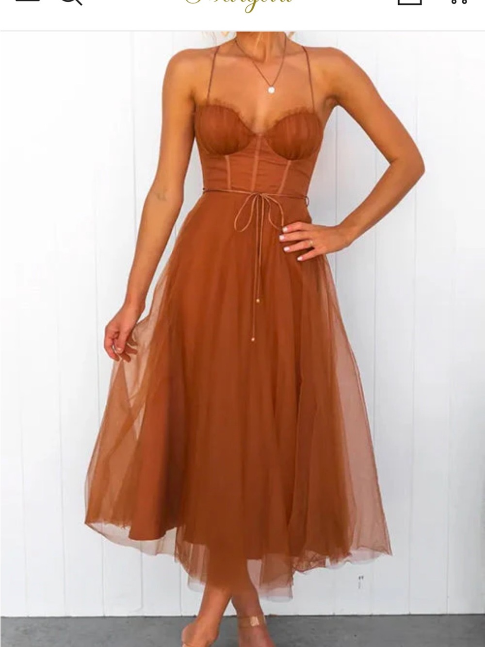 Elegant Brown Corset Midi Dress with Tulle Skirt